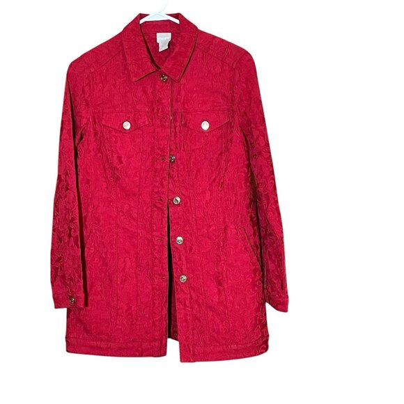 Chicos Size S Rich Red Elongated Jacquard Jean Jacket w/ Floral Imprint - Picture 2 of 9